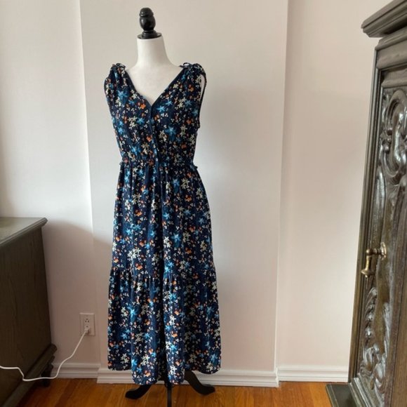 Gap Floral Tiered MIDI Dress Navy Blue v neck with shoulder ties - Picture 6 of 14